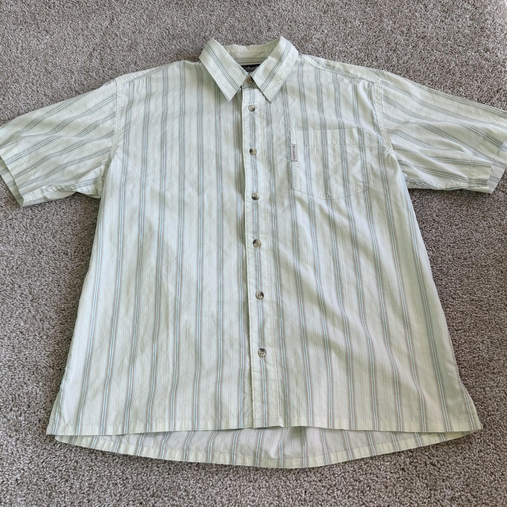 Columbia Shirt Mens Large Green Stripe Short Sleeve Button Up Pockets Casual